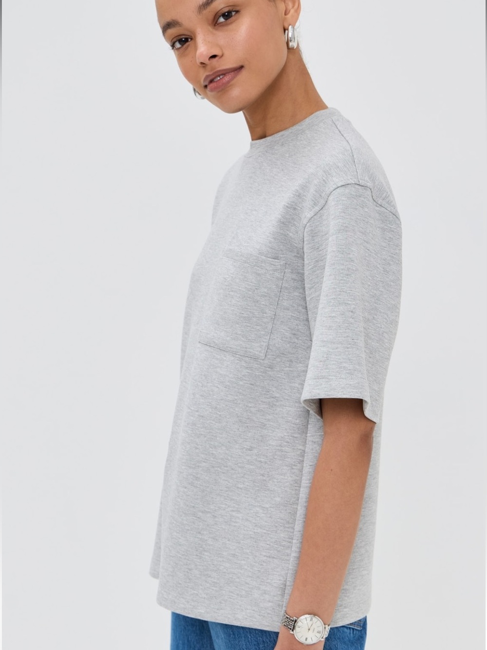 Le Bop Heather Gray Caroline Short Sleeve Heavyweight Oversized Comfy Shirt Sz M - Picture 3 of 8